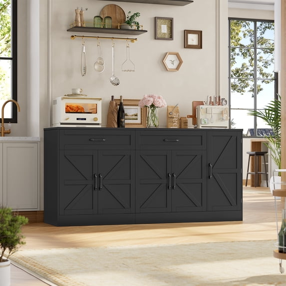 Homfa Farmhouse Buffet Cabinet with 2 Drawers, 70.9" W Kitchen Sideboard with 5 Doors & Adjustable Shelves for Kitchen Dining Room, Black
