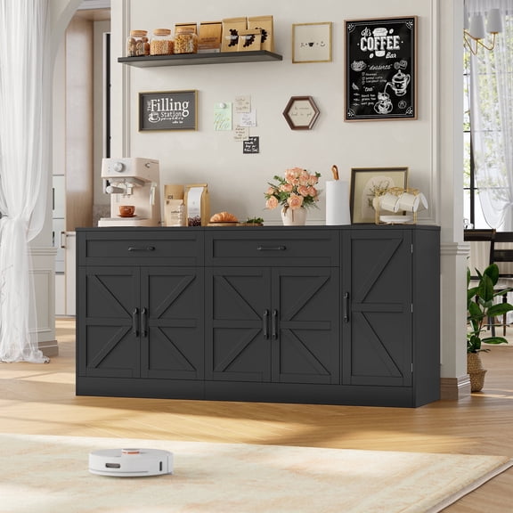 Homfa Farmhouse Buffet Cabinet with 2 Drawers, 70.9" W Kitchen Sideboard with 5 Doors & Adjustable Shelves for Kitchen Dining Room, Black