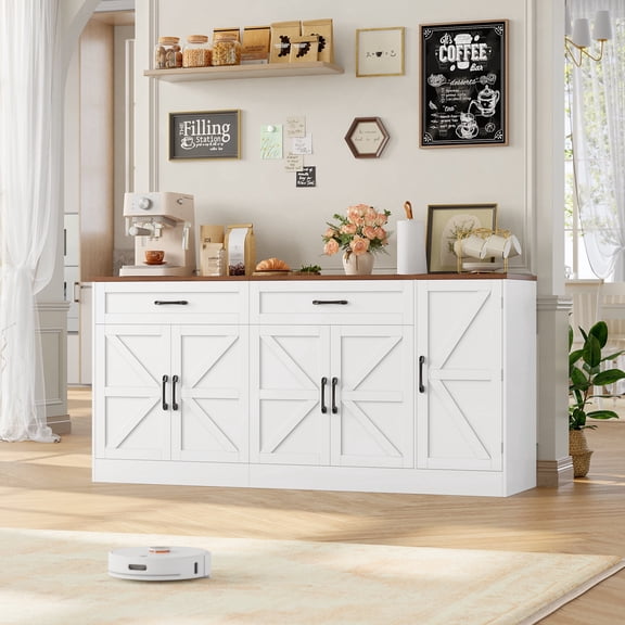 Homfa Farmhouse Buffet Cabinet with 2 Drawers, 70.9" W Kitchen Sideboard with 5 Doors & Adjustable Shelves for Kitchen Dining Room, White