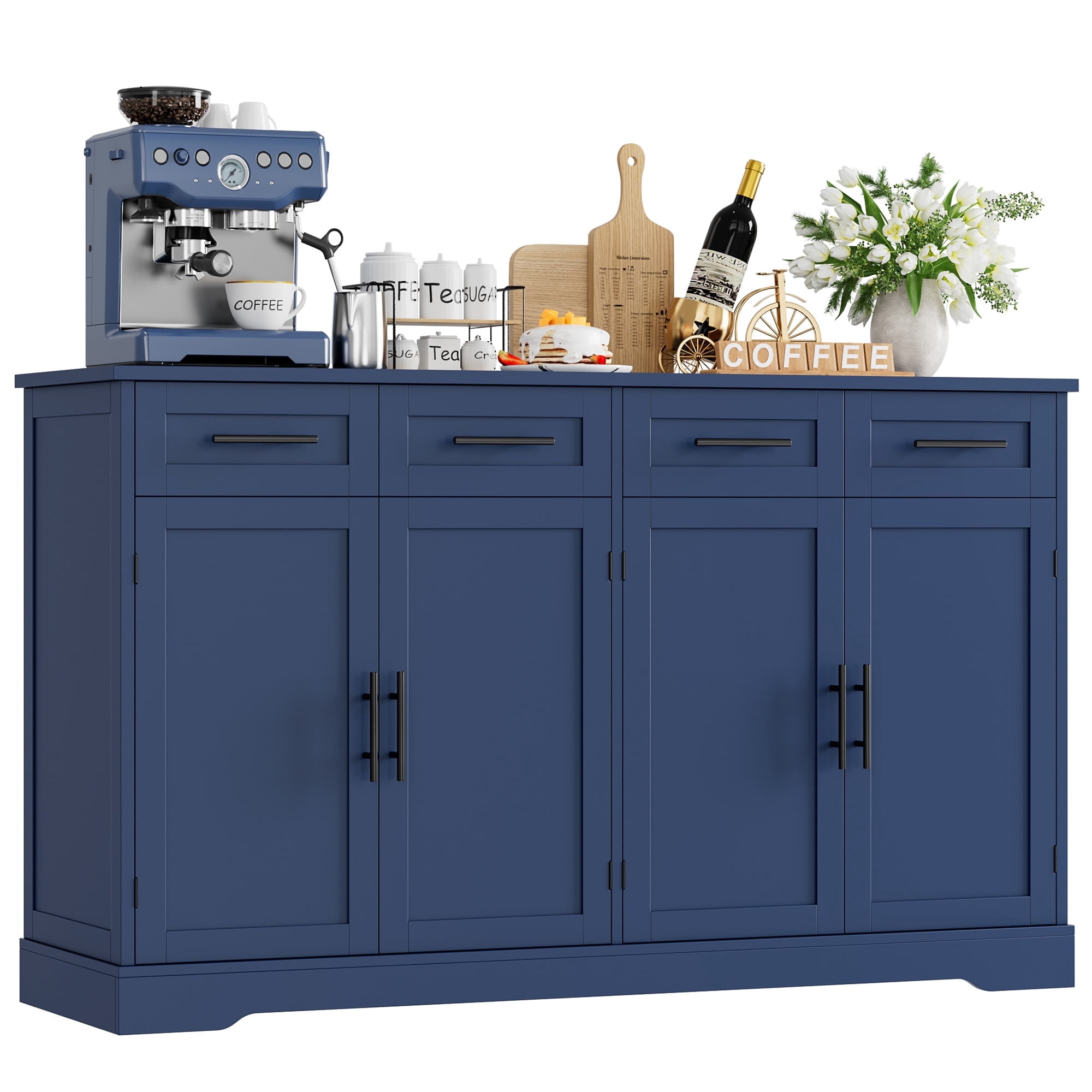 Homfa Farmhouse Buffet Cabinet with 4 Drawers and 4 Doors, 59" W Sideboard Buffet Storage Cabinet with Shelves, for Kitchen Living Room Bedroom, Blue
