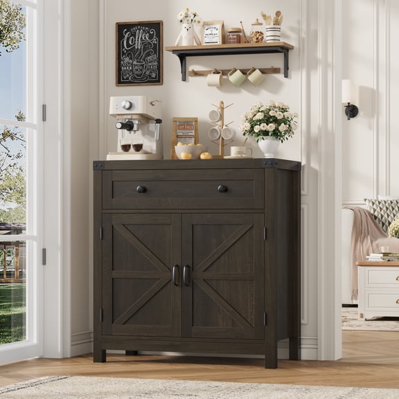 Homfa Farmhouse Buffet Cabinet with Drawer, Sideboard and Buffets with Adjustable Shelf for Kitchen Dining Room Entryway, Dark Brown