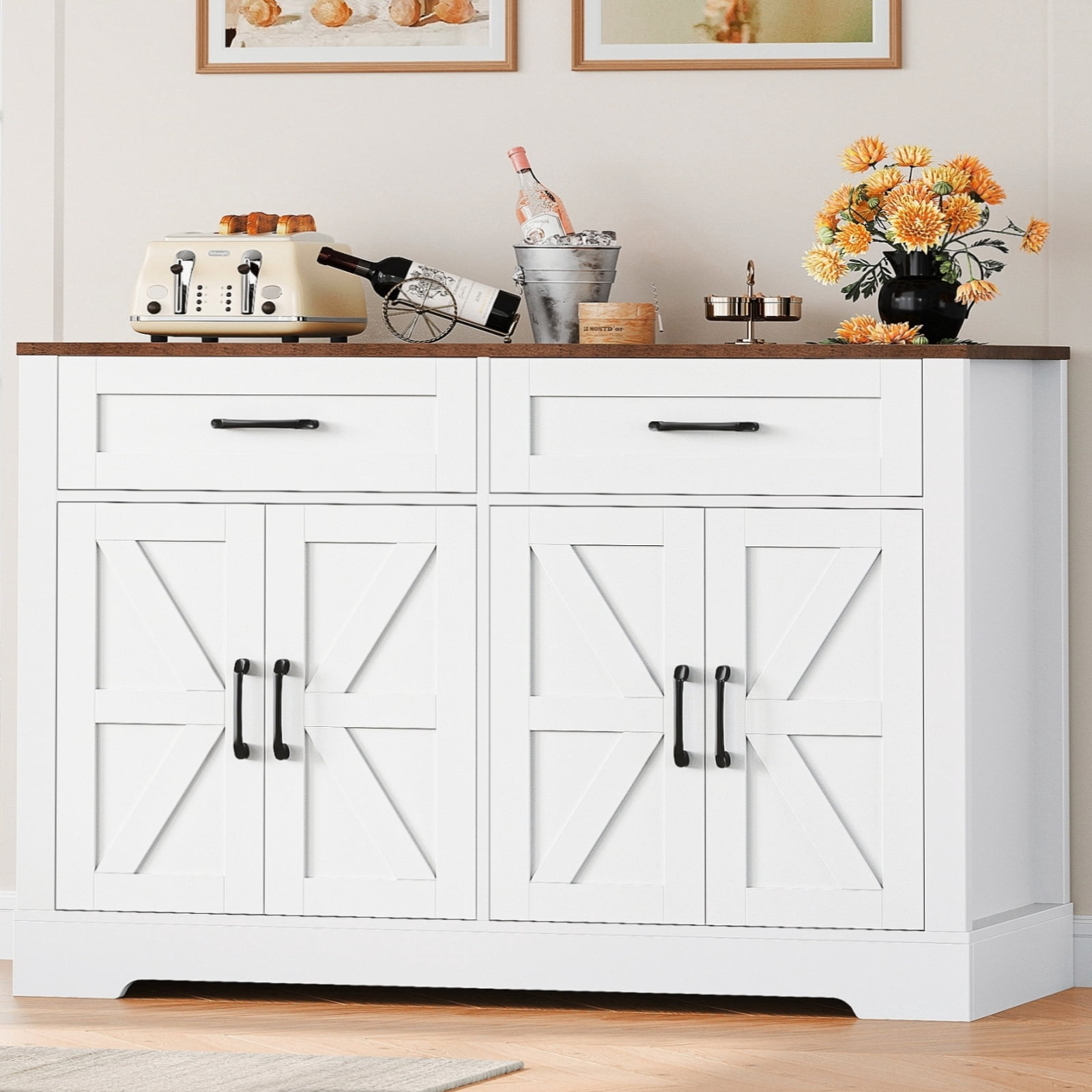 Homfa Buffet Cabinet with 2 Drawers and 4 Doors, Kitchen Sideboard Storage Cabinet, Farmhouse Coffee Bar Cabinet for Dining Room, White & Brown