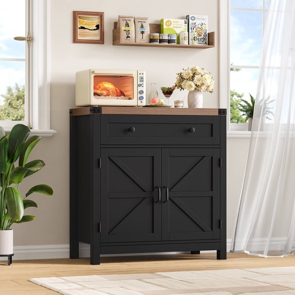 Homfa Farmhouse Buffet Sideboard with Drawer, Coffee Bar with Adjustable Shelf for Kitchen Dining Room Entryway, Black