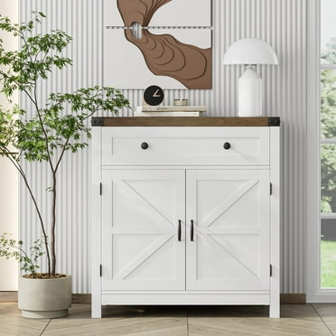 Homfa Farmhouse Buffet Sideboard with Drawer, Coffee Bar with Adjustable Shelf for Kitchen Dining Room Entryway, White