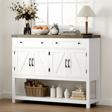 Homfa 47.2" W Farmhouse Console Table with 2 Drawer, Hall Tables with Open Storage Shelf, Sofa Table for Living Room Foyer Hallway Dining, White&Brown
