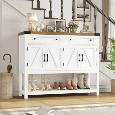 Homfa 47.2" W Farmhouse Console Table with 2 Drawer, Hall Tables with Open Storage Shelf, Sofa Table for Living Room Foyer Hallway Dining, White&Brown