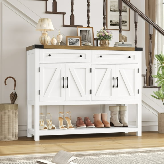 Homfa 47.2" W Farmhouse Console Table with 2 Drawer, Hall Tables with Open Storage Shelf, Sofa Table for Living Room Foyer Hallway Dining, White&Brown