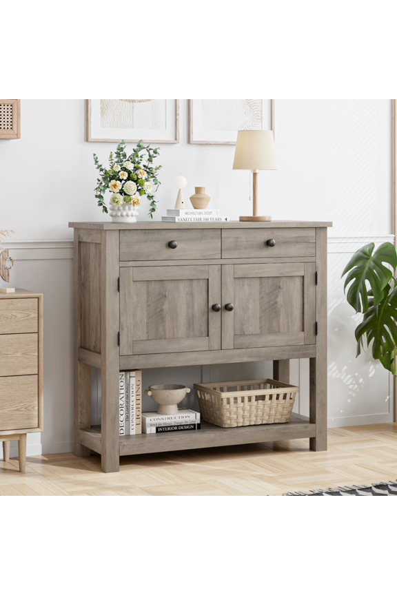 Farmhouse Console Table with 2 Drawers& Doors, Sofa Table with Storage Cabinet and Open Shelf for Living Room Entryway, Gray