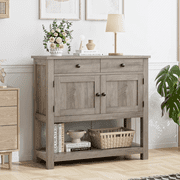 Homfa Farmhouse Console Table with 2 Drawers& Doors, Sofa Table with Storage Cabinet and Open Shelf for Living Room Entryway, Gray