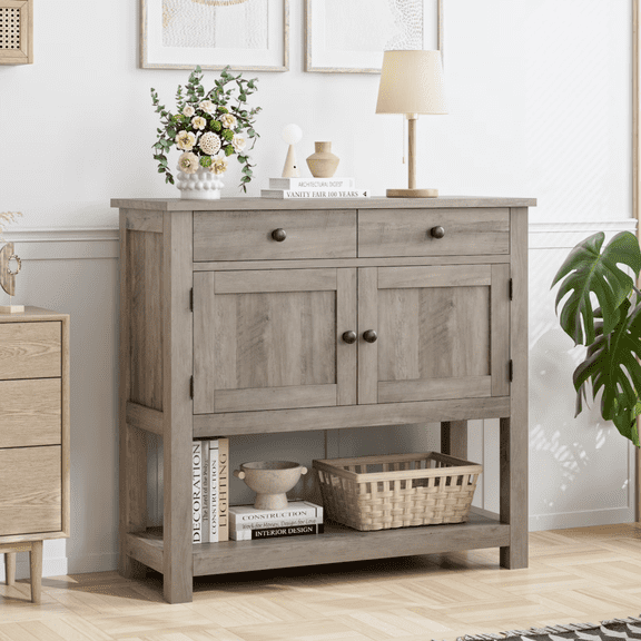 Homfa Farmhouse Console Table with 2 Drawers& Doors, Sofa Table with Storage Cabinet and Open Shelf for Living Room Entryway, Gray