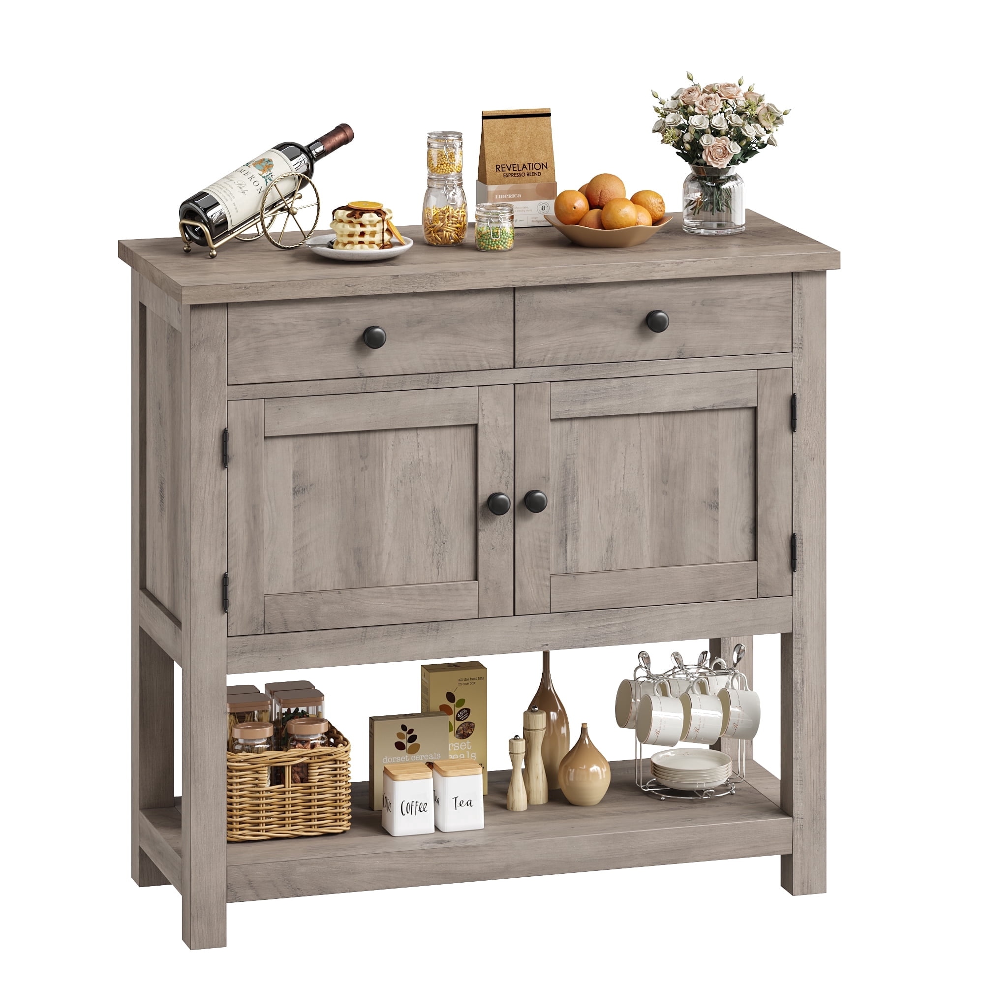 Homfa Farmhouse Console Table with 2 Drawers& Doors, Sofa Table with Storage Cabinet and Open Shelf for Living Room Entryway, Gray