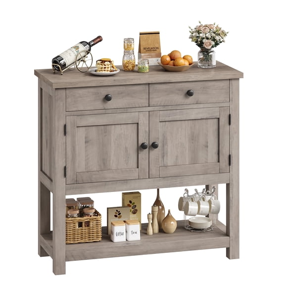 Homfa Farmhouse Console Table with 2 Drawers& Doors, Sofa Table with Storage Cabinet and Open Shelf for Living Room Entryway, Gray