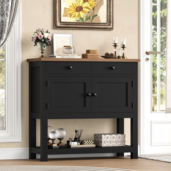 Homfa Farmhouse Console Table with 2 Drawers& Doors, Sofa Table with Storage Cabinet and Open Shelf for Living Room Entryway, Black& Brown