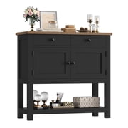 Homfa Farmhouse Console Table with 2 Drawers& Doors, Sofa Table with Storage Cabinet and Open Shelf for Living Room Entryway, Black& Brown