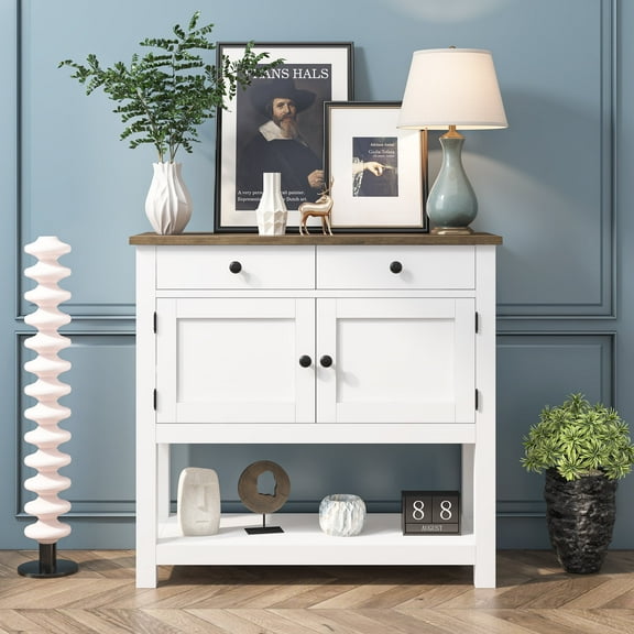Homfa Farmhouse Console Table with 2 drawers & 2 door cabinet, Sofa Table Entryway Table with Storage Shelf for living room, Hallway, White