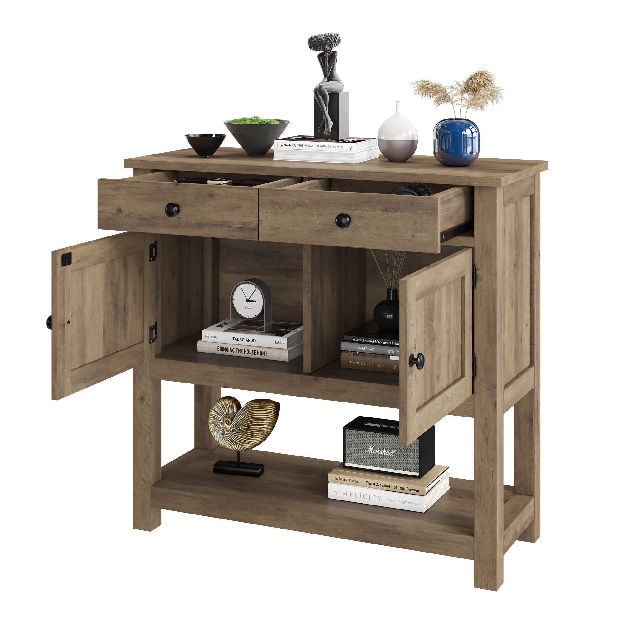 Rustic Gray Medium Wood Farmhouse Accent Table with Storage