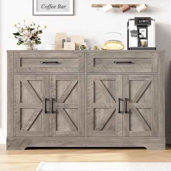 Homfa Buffet Cabinet with 2 Drawers and 4 Doors, Kitchen Sideboard Storage Cabinet, Farmhouse Coffee Bar Cabinet for Dining Room, White & Brown, Gray
