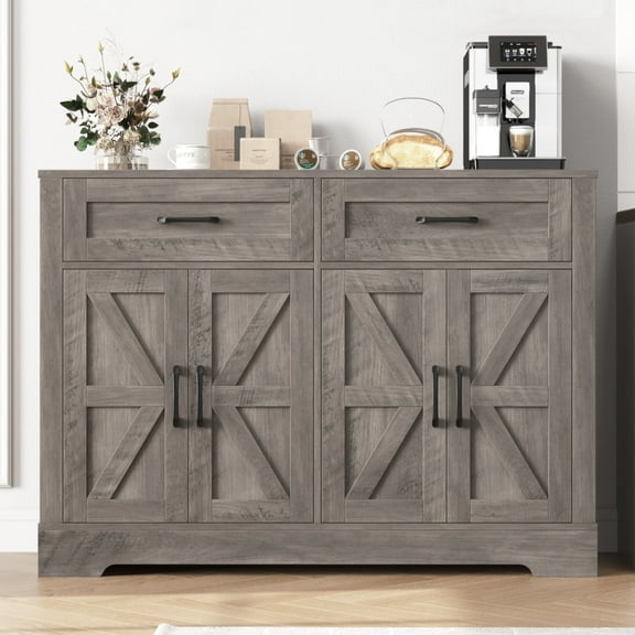 Homfa Farmhouse Kitchen Buffet Cabinet, 2 Large Drawers & 4 Doors Wood Sideboard Storage Cabinet for Living Room, Gray