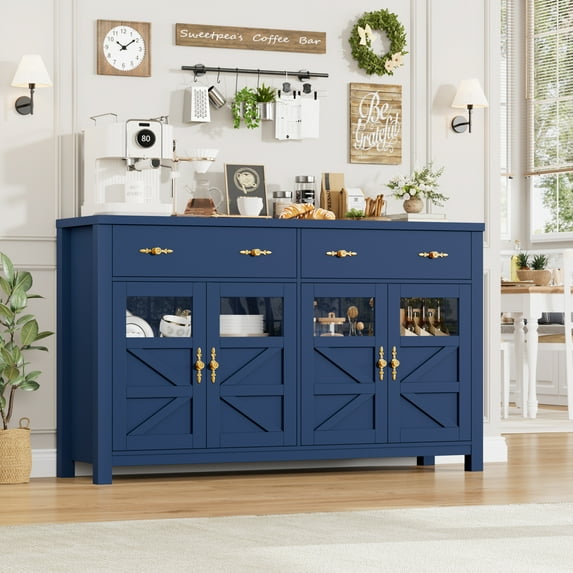 Homfa Farmhouse 55.1"W Kitchen Buffet Cabinet with Storage Drawer & Adjustable Shelf, Glass Door Wood Sideboard Credenza Coffee Bar with for Dining Room Living Room, Blue