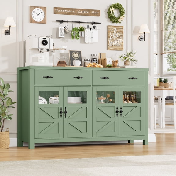 Homfa Farmhouse 55.1"W Kitchen Buffet Cabinet with Storage Drawer & Adjustable Shelf, Glass Door Wood Sideboard Credenza Coffee Bar with for Dining Room Living Room, Green