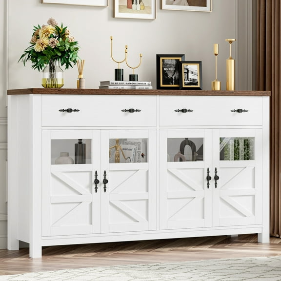 Homfa Farmhouse 55.1"W Kitchen Buffet Cabinet with Storage Drawer & Adjustable Shelf, Glass Door Wood Sideboard Credenza Coffee Bar with for Dining Room Living Room, White & Natural Wood
