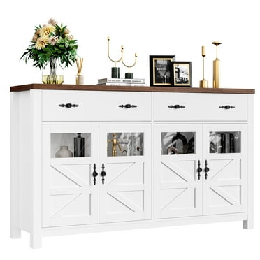 Homfa Farmhouse Kitchen Buffet Cabinet with Storage Drawer, Glass Door Wood Sideboard Credenza Coffee Bar with Adjustable Shelf for Living Room, White