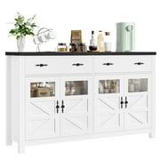 Homfa Farmhouse Kitchen Buffet Cabinet with Adjustable Shelves, 2 Drawer Sideboard Wood Storage Cabinet, White & Black
