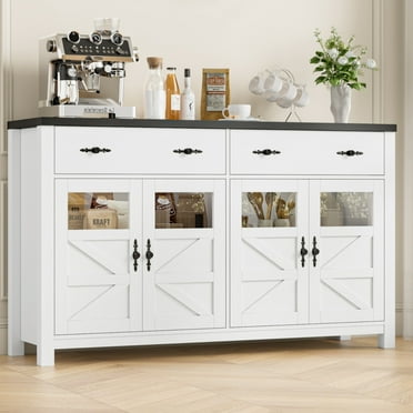 Homfa Farmhouse Kitchen Buffet Cabinet with Adjustable Shelves, 2 Drawer Sideboard Wood Storage Cabinet, White & Black