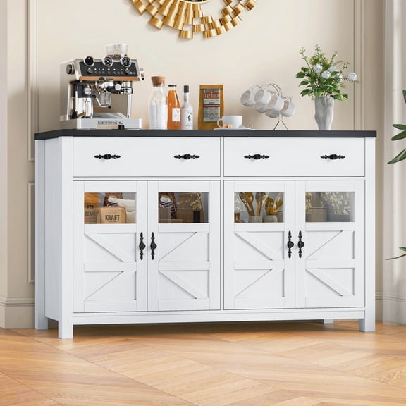 Homfa Buffet Cabinet with 2 Large Drawers & Glass Doors, 55.1” W Kitchen Sideboard Storage Cabinet with Adjustable Shelves, Buffet Table Dining Room Cabinet, White & Black