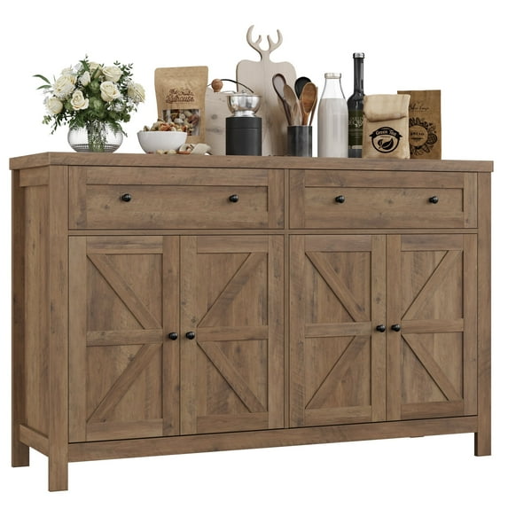 Homfa Farmhouse Kitchen Buffet Sideboard, 4-Doors 2-Drawers Wood Storage Cabinet for Dining Room Living Room, Brown