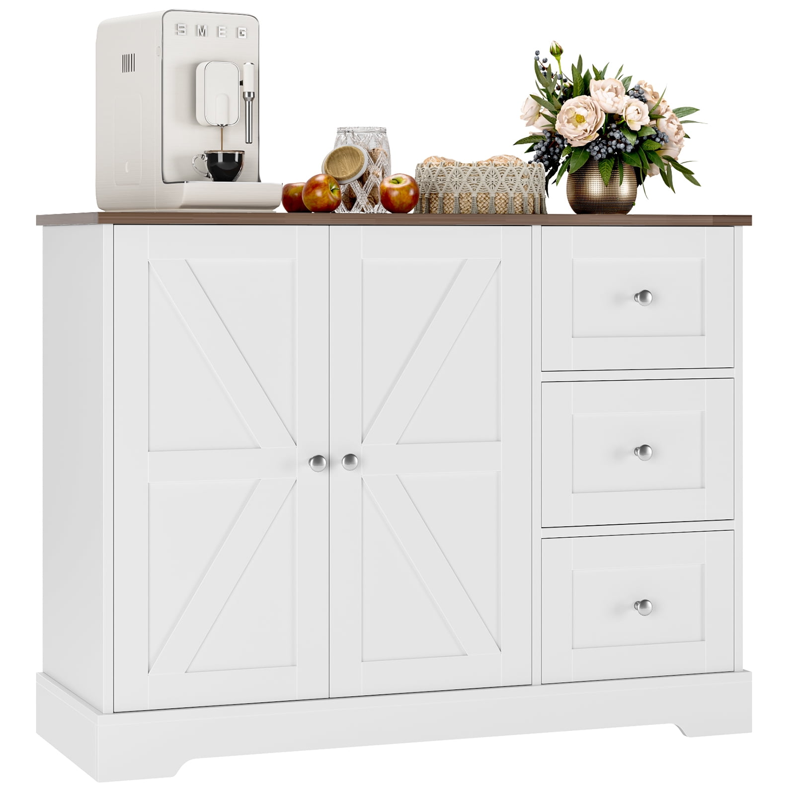 Homfa Farmhouse Kitchen Buffet Sideboard with 3 Drawers, 2 Tier Shelf Wood Coffe Bar Storage