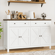 Homfa Farmhouse Kitchen Buffet Storage Cabinet, 4-Doors 2 Large Drawer Wood Sideboard Credenza with Adjustable Shelves, White-Brown