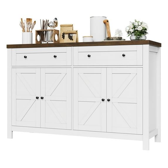 Homfa Farmhouse Kitchen Buffet Storage Cabinet, 4-Doors 2 Large Drawer Wood Sideboard Credenza with Adjustable Shelves, White-Brown