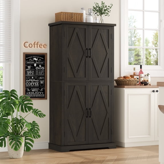 Homfa Farmhouse 63"H Kitchen Pantry Cabinet with Adjustable Shelf, Modern Wood Storage Cabinets for Small Space Department, Dark Brown