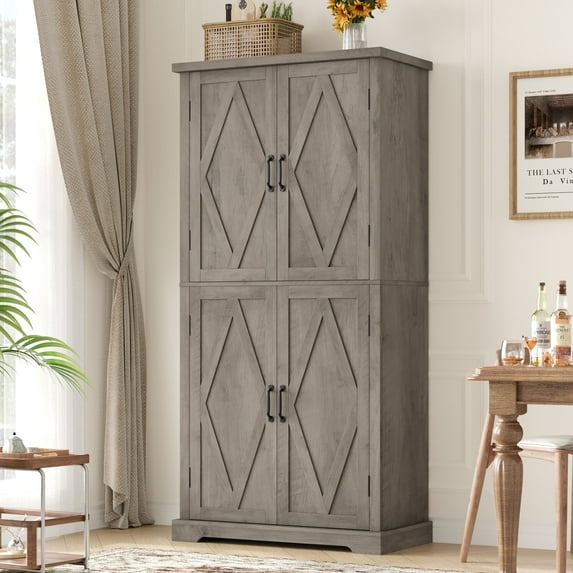 Homfa Farmhouse Kitchen Pantry Storage Cabinet with Adjustable Shelf, Modern Tall Wood Storage Cabinets with Metal Handle, Gray