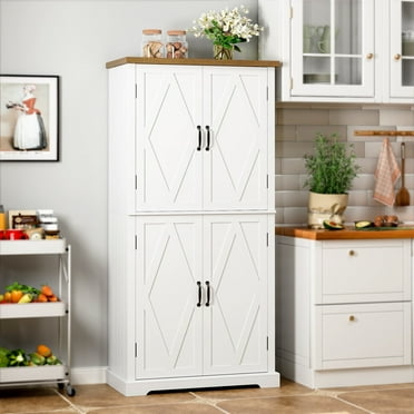 Homfa Farmhouse Kitchen Pantry Storage Cabinet with Adjustable Shelf, Modern Tall Wood Storage Cabinets with Metal Handle, White