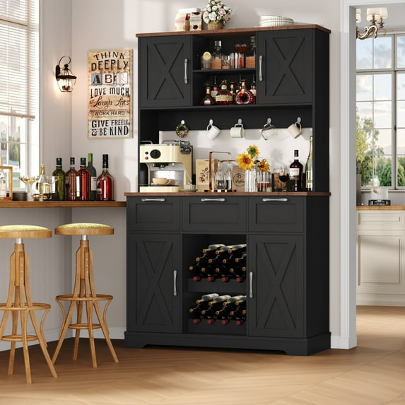 Homfa 71'' Tall Wine Bar Cabinet with Storage Hutch & 3 Drawers, Farmhouse Coffee Bar Cabinet Wine Rack with Adjustable Shelves for Kitchen Dining Room, Black