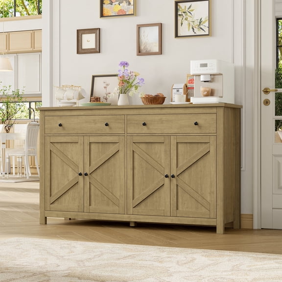 Homfa Farmhouse Kitchen Sideboard, 4-Doors 2-Drawers Wood Buffet Cabinet with Adjustable Shelves, Brown