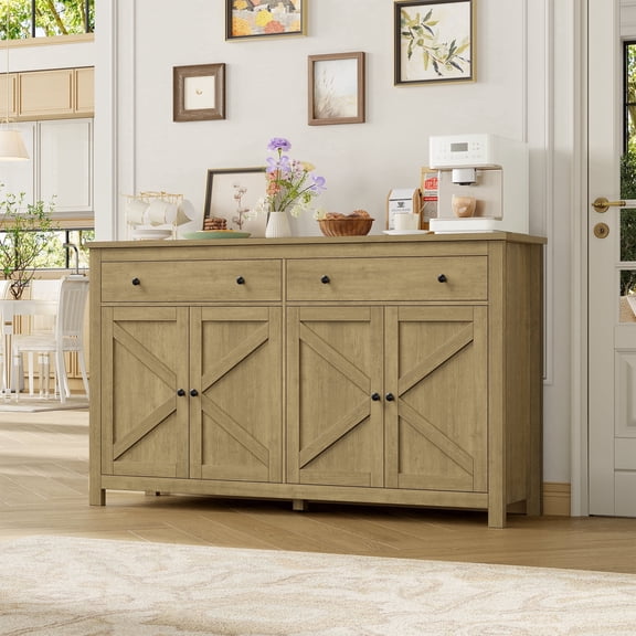 Homfa Farmhouse Kitchen Sideboard, 4-Doors 2-Drawers Wood Buffet Cabinet with Adjustable Shelves, Brown