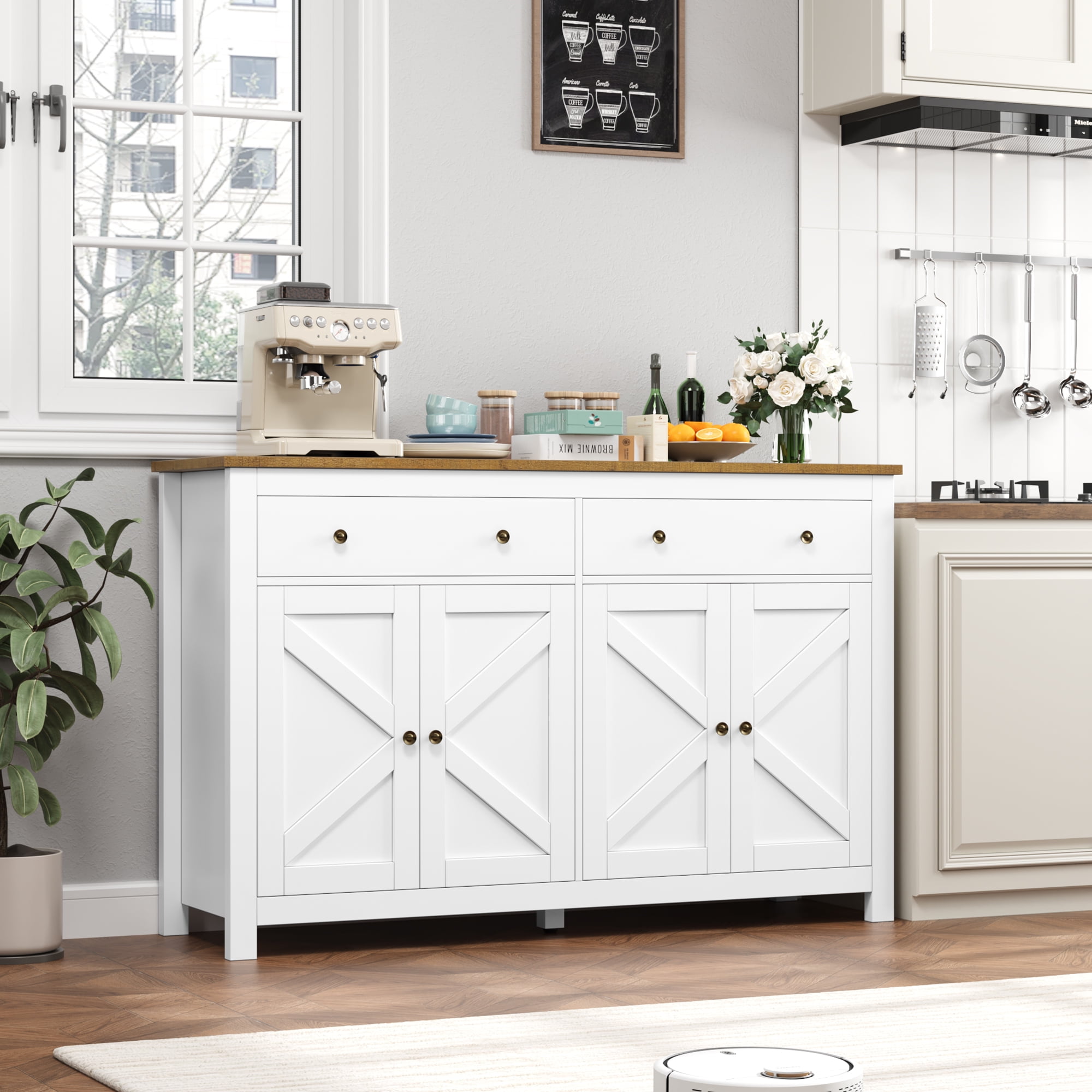 Homfa Kitchen Sideboard, Farmhouse Wood Cabinet, 4 Doors, 2 Drawers, Adjustable Shelves, White