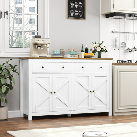 Homfa Farmhouse Kitchen Sideboard, 4-Doors 2-Drawers Wood Buffet Cabinet with Adjustable Shelves, White