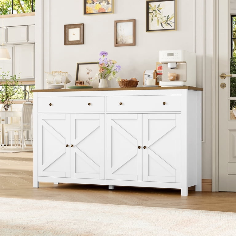 Homfa Kitchen Sideboard, Farmhouse Wood Cabinet, 4 Doors, 2 Drawers, Adjustable Shelves, White