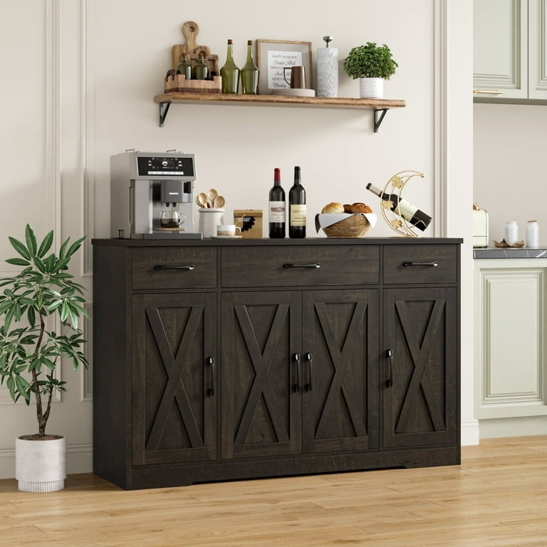 Free Shipping Homfa Farmhouse Kitchen Sideboard 4 Doors 3 Drawers Wood Buffet Cabinet with Adjustable Shelves Brown Walmart
