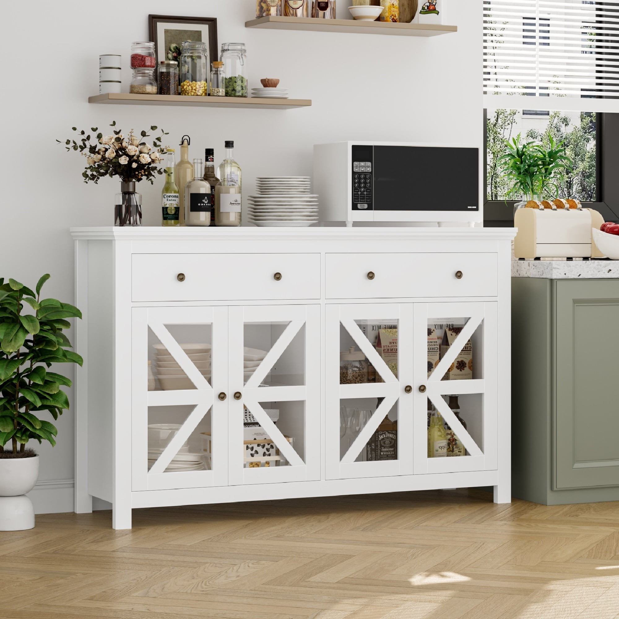 Homfa Farmhouse Sideboard and Buffet with 2 Drawers and 4 Glass Doors