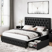 Homfa Faux Leather Storage Platform Bed Frame, Full Black Bed Frame with 4 Drawers, Upholstered with Adjustable Headboard