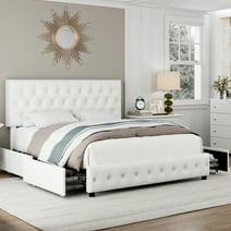 Homfa Faux Leather Storage Platform Bed Frame, Full White Bed Frame with 4 Drawers, Upholstered with Adjustable Headboard