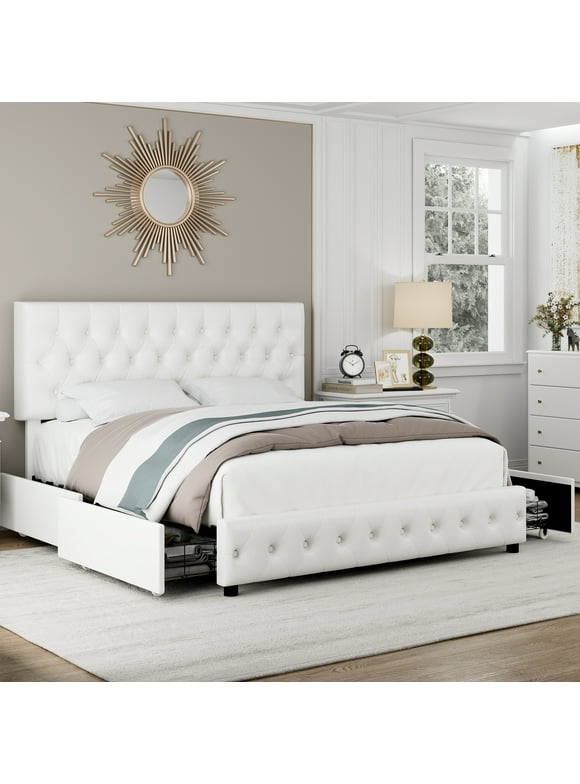 Homfa Faux Leather Storage Platform Bed Frame, Full White Bed Frame with 4 Drawers, Upholstered with Adjustable Headboard