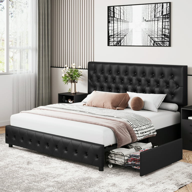 Homfa Faux Leather Storage Platform Bed Frame, King Black Bed