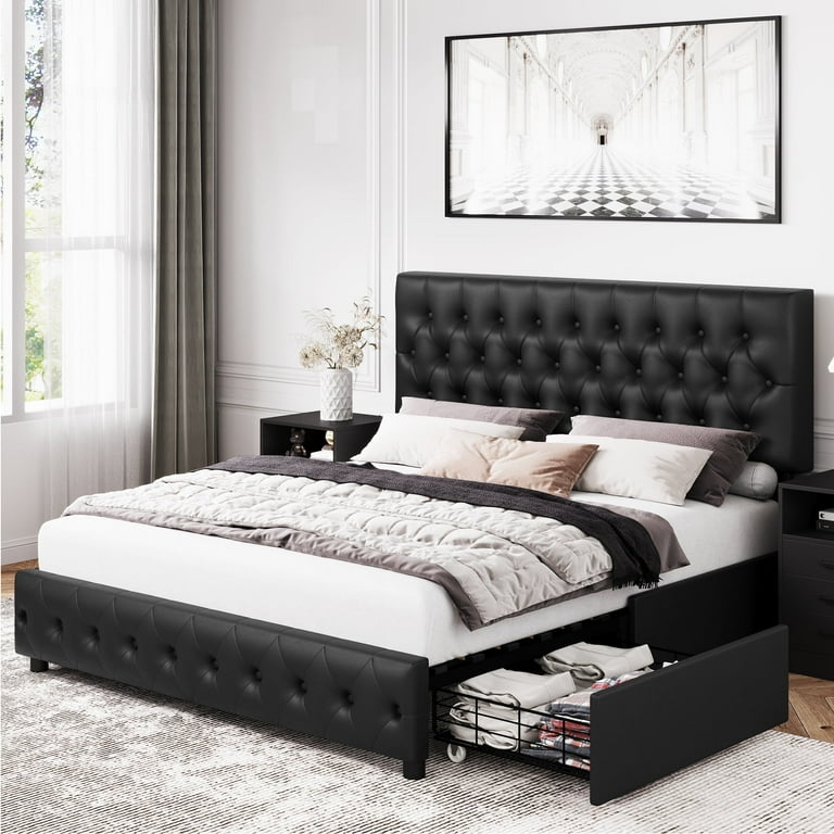 Queen black platform bed with storage discount