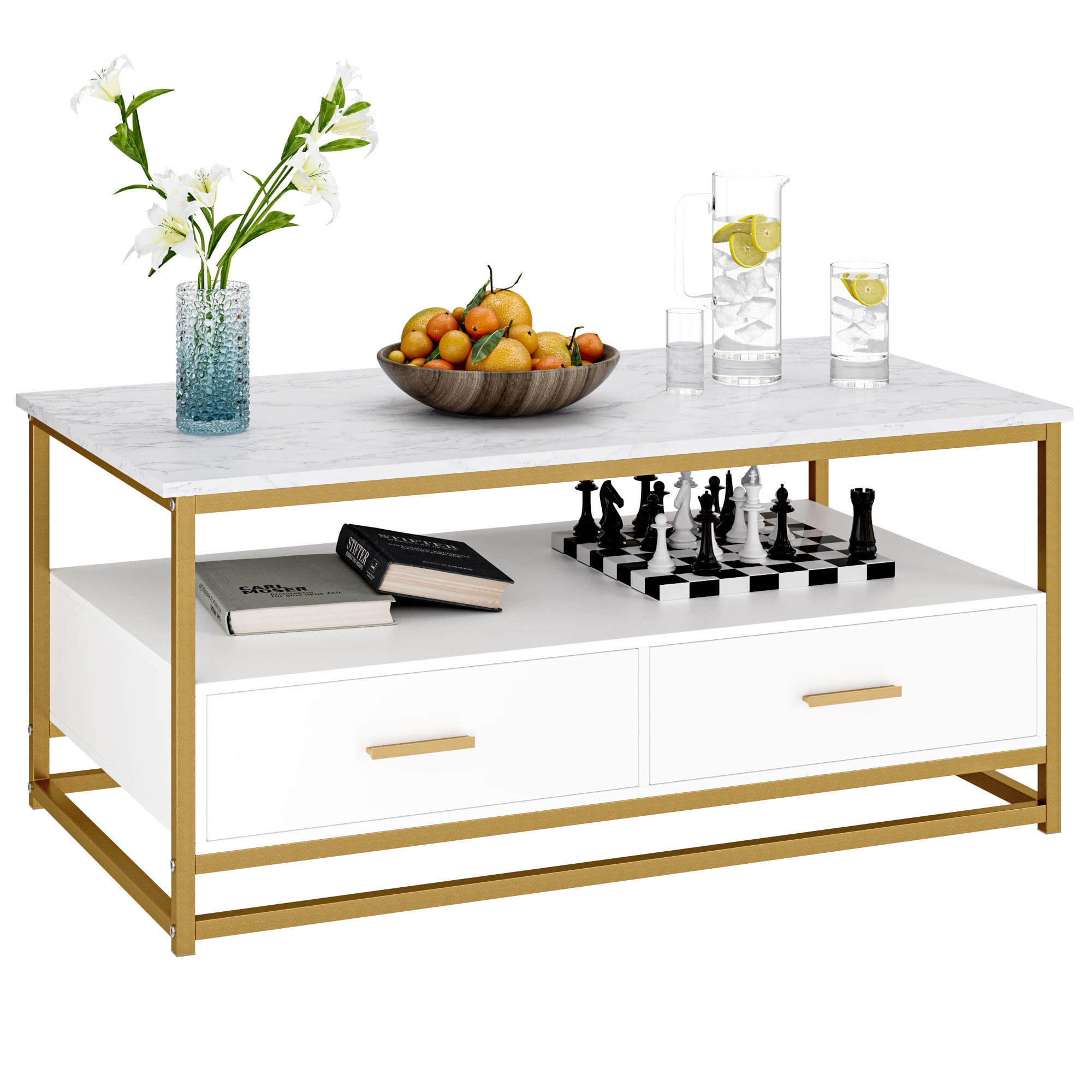 Homfa Faux Marble Coffee Table, Modern End Table with 2 Drawers, Heavy